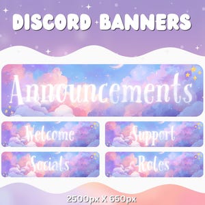 May include: Digital Discord banner set with a dreamy pastel sky design. The set includes banners labeled "Announcements", "Welcome", "Support", "Socials", and "Roles". The banners are rectangular with rounded corners and a soft, cloud-like background.