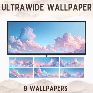 May include: Eight digital wallpapers featuring a dreamy sky with pink and blue clouds. The wallpapers are designed for ultrawide screens.