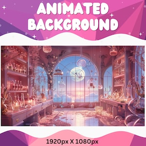 May include: An animated background in pink and blue tones, depicting a room with a large window overlooking a cloudy sky with a moon and a sunset. The room is filled with glass bottles, candles, and other magical items. The text "1920px x 1080px" is at the bottom of the image.