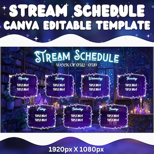 Peut inclure: Modèle numérique d'emploi du temps de diffusion avec un thème de nuit étoilée bleu foncé et violet. Le design comprend sept jours de la semaine, chacun avec un espace pour les titres et les descriptions. Le texte "STREAM SCHEDULE" est en haut.