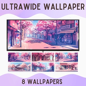 May include: Eight digital illustrations of a Japanese street scene with cherry blossoms. The street is lined with shops and buildings. The illustrations are in a pastel pink and purple color scheme.