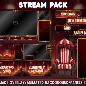 May include: A digital stream pack with a dark red and gold theme. The pack includes animated backgrounds, panels, and overlays. Panels include "New Cheer", "New Subscriber", "FAQs", and "About Me". The image also features a decorative chair.