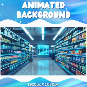 Vtuber Animated Background Supermarket Twitch LoFi Stream Overlay Vtuber Background for Streaming Vtuber Blue Room Grocery Cozy Room