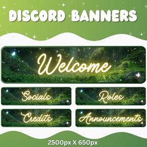 Puede incluir: Un conjunto de banners de Discord con temática de naturaleza. El banner superior dice "Welcome" en una fuente de escritura brillante. Debajo hay banners etiquetados como "Socials", "Roles", "Credits" y "Announcements". El fondo es una escena de bosque verde.