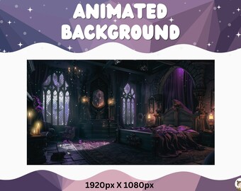 May include: A dark, gothic bedroom with a large, four-poster bed draped in purple velvet. The room is lit by candles and has a large window with a view of a forest. The room is decorated with a large mirror and a chandelier.