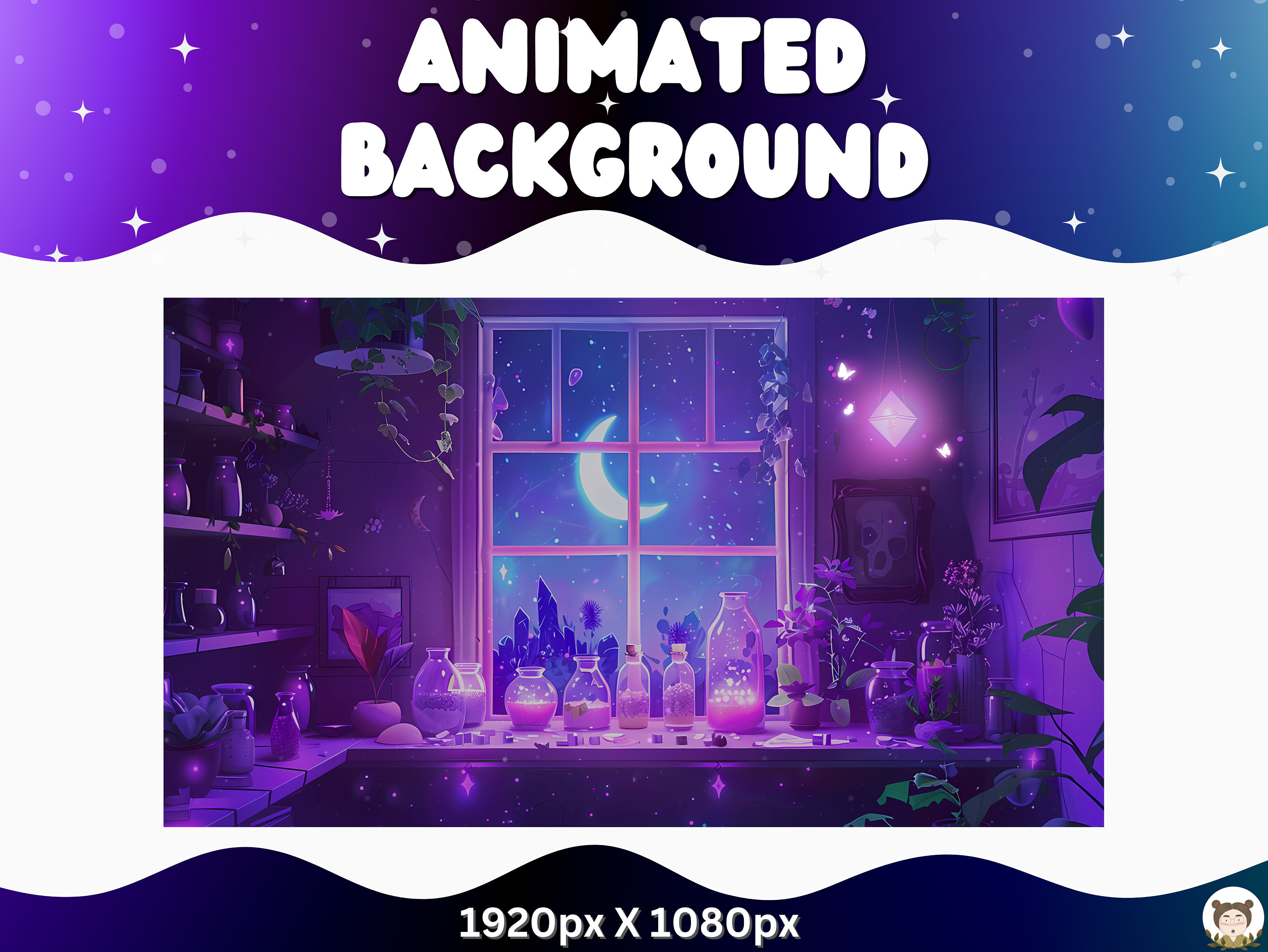 Vtuber Animated Background Purple Witch Twitch Fantasy Stream Overlay Vtuber Seamless Looped Background for Streaming Vtuber Purple Room