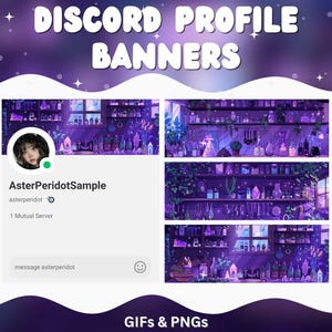 May include: Digital art featuring Discord profile banners with a purple and white starry background. The banners showcase a detailed illustration of a room with shelves filled with bottles and plants. Text includes "Discord Profile Banners", "GIFs & PNGs", and a sample profile.