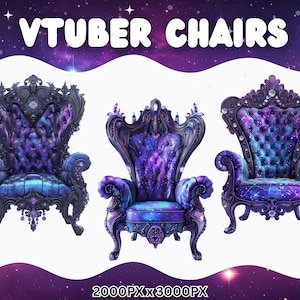May include: Three ornate, galaxy-themed chairs with purple, blue, and black upholstery. The chairs have intricate carvings and are decorated with jewels. The chairs are set against a starry background.