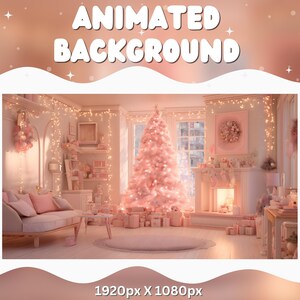 Könnte beinhalten: Animierter Hintergrund eines gemütlichen, rosa-thematischen Weihnachtswohnzimmers. Ein geschmückter Baum, ein Kamin und ein Sofa sind zu sehen, mit dem Text "ANIMATED BACKGROUND" oben. Die Bildauflösung beträgt 1920px x 1080px.
