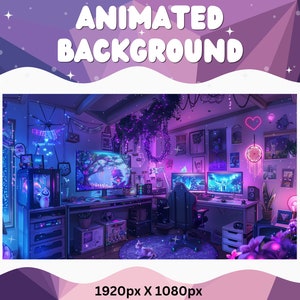 Può includere: Un'illustrazione digitale di una stanza da gioco con una scrivania, più monitor, una sedia da gioco e una varietà di luci al neon e decorazioni. La stanza è decorata con uno schema di colori rosa e viola e presenta un acchiappasogni appeso al soffitto.
