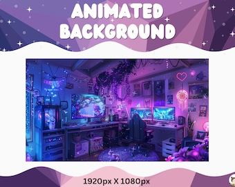 Vtuber Animierter Hintergrund Lila Lofi Neon Twitch Gemütlicher Stream Overlay Vtuber Nahtlos geschlungener Hintergrund für Livestreaming Vtuber Lofi Raum