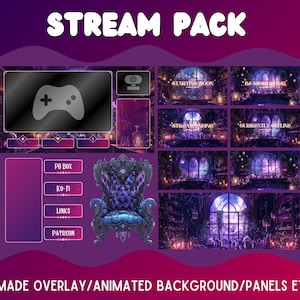 Peut inclure: Pack de superposition de flux Twitch à thème violet et rose avec une icône de manette de jeu, un trône violet et noir, et du texte qui dit "STREAM PACK", "PO BOX", "KO-FI", "LINKS", "PATREON", "STARTING SOON", "STREAM ENDING", "CURRENTLY OFFLINE", et "PREMADE OVERLAY/ANIMATED BACKGROUND/PANELS ETC."