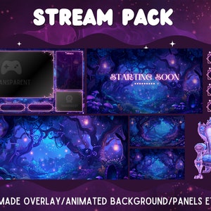 May include: A purple and blue animated stream pack with a forest background, a throne, and buttons that say "About Me" and "Patreon". The text "STARTING SOON" is displayed on the screen. The text "STREAM PACK" is at the top of the image. The text "PREMADE OVERLAY/ANIMATED BACKGROUND/PANELS ETC." is at the bottom of the image.