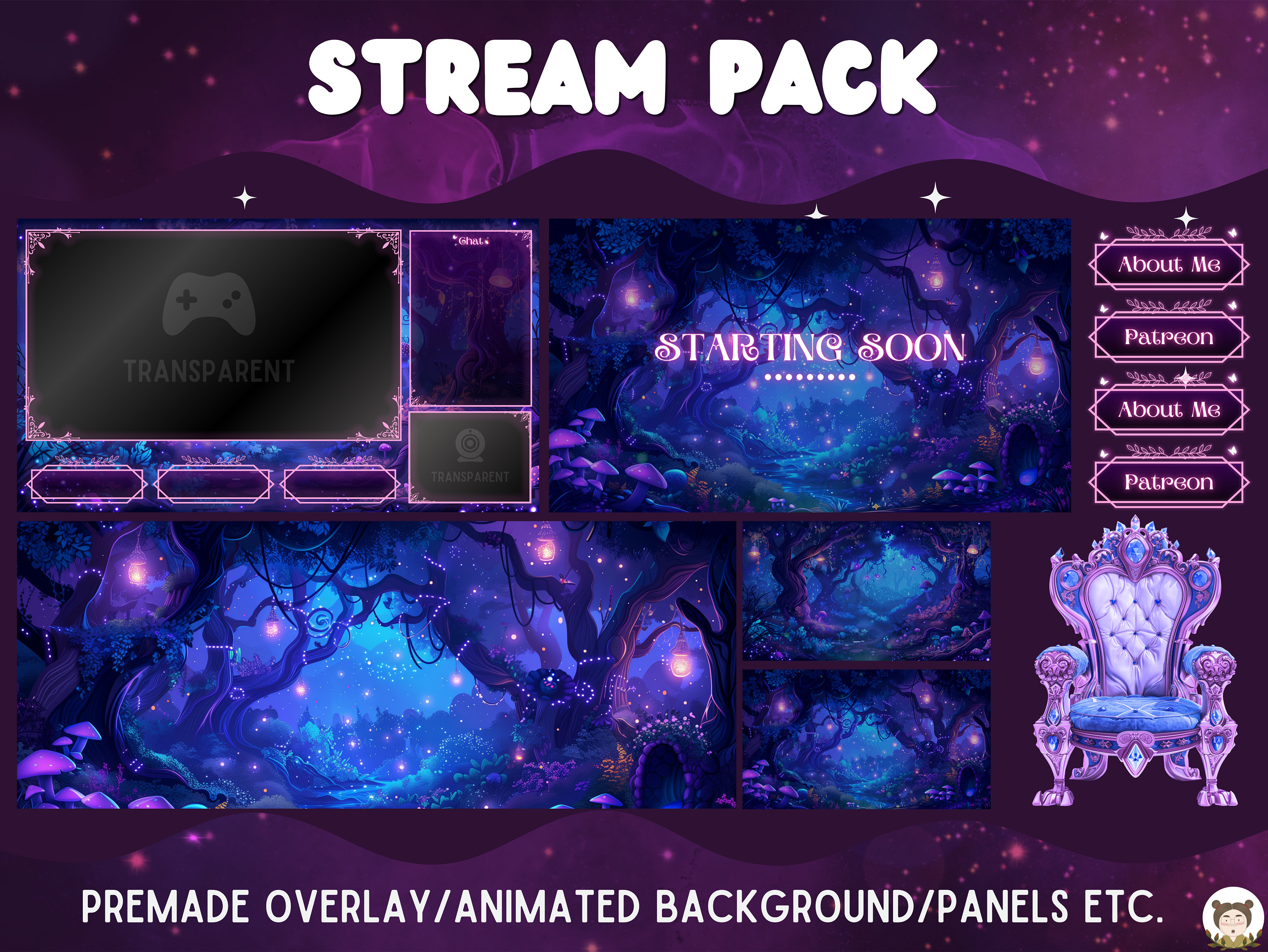Twitch Overlay Package Blue Purple Forest Animated Stream Overlay Pack ...