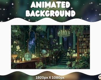 May include: An animated background image featuring a detailed library interior with bookshelves, plants, and a chandelier. The image includes the text "ANIMATED BACKGROUND" and the resolution "1920px X 1080px".