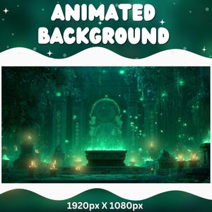 May include: An animated background image with a mystical, fantasy theme. The scene is dominated by shades of green, featuring a glowing altar, pillars, and a lush, ethereal environment. Text at the top reads "ANIMATED BACKGROUND" and at the bottom "1920px X 1080px".