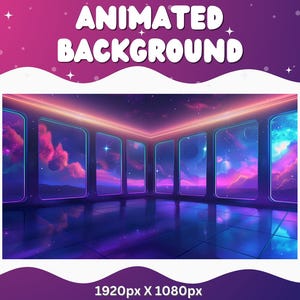 Op de afbeelding: Een geanimeerde achtergrondafbeelding met een futuristisch interieurontwerp. De scène toont grote ramen met een levendige, kleurrijke nevel en sterrenhemel. De tekst "ANIMATED BACKGROUND" staat bovenaan, met de resolutie 1920 x 1080px onderaan.