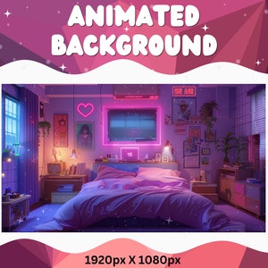 Puede incluir: Una ilustración digital de un dormitorio con una cama, una ventana, una televisión y una mesita de noche. Las paredes son moradas y la habitación está decorada con luces de neón y carteles. La cama tiene un edredón rosa y blanco y una luz de neón en forma de corazón rosa encima. La ventana está abierta y las cortinas están corridas hacia atrás. La televisión está encendida y la pantalla muestra una imagen azul y blanca. La mesita de noche tiene una lámpara encima y un libro en la parte superior de la lámpara. La habitación está iluminada por una luz de neón rosa y blanca. La imagen es de 1920px x 1080px.