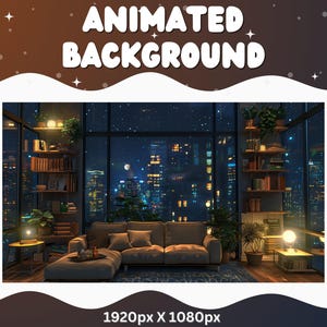 Puede incluir: Imagen de fondo animada de un salón con vistas a una ciudad de noche. La habitación tiene un sofá, estanterías y plantas. El texto "ANIMATED BACKGROUND" está en la parte superior. La resolución de la imagen es de 1920 x 1080 píxeles.