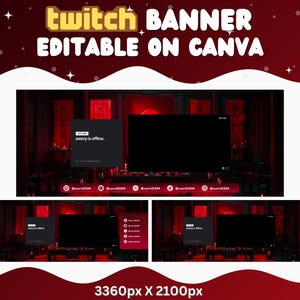 Op de afbeelding: Een rode en zwarte Twitch-bannertemplate met een donkere kamerinstelling. De banner is bewerkbaar op Canva en is 3360 pixels breed en 2100 pixels hoog. De tekst "astrop is offline" wordt weergegeven in een zwart vak in de bovenste banner.