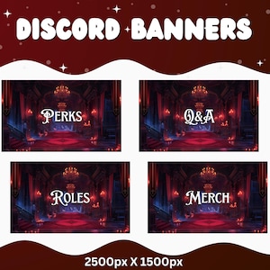 May include: A digital banner set for Discord, featuring four designs with text: "PERKS", "Q&A", "ROLES", and "MERCH". Each banner showcases a gothic interior with chandeliers and red and blue lighting. The overall design is dark and atmospheric.
