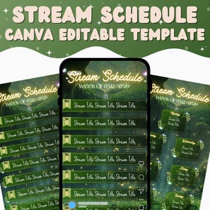 Peut inclure: Modèle numérique d'emploi du temps de diffusion, avec un design vert et doré. Le modèle comprend le texte "Stream Schedule" et "Canva Editable Template". L'emploi du temps affiche une semaine de titres de flux, avec un fond sur le thème de la nature.