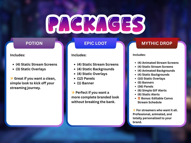 May include: Graphic showcasing three streaming packages: Potion, Epic Loot, and Mythic Drop. Each package includes various streaming assets like screens, overlays, and panels. The image features a purple, blue, and red color scheme with the word "PACKAGES" at the top.