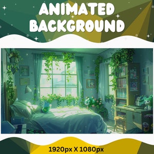 Puede incluir: Imagen de fondo animada de un dormitorio con una gran ventana, exuberantes plantas verdes y una cama. El texto "ANIMATED BACKGROUND" está en la parte superior. La resolución de la imagen es de 1920 x 1080 píxeles.