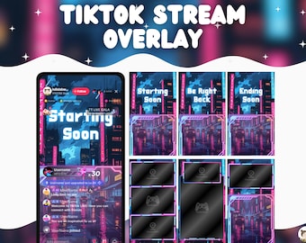 May include: A digital TikTok stream overlay design with a futuristic cityscape background in shades of blue, pink, and purple. The design includes text that reads "TIKTOK STREAM OVERLAY", "Starting Soon", "Be Right Back", and "Ending Soon".