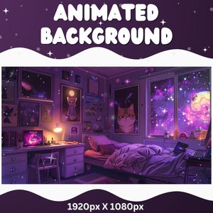 May include: A bedroom with a bed, a desk, and a window with a view of a galaxy. The walls are decorated with pictures and the bed has a purple blanket. The room is lit by a lamp on the desk and a nightlight on the wall.