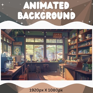 以下が含まれることがあります： 木製の床、コーヒーメーカーのあるカウンター、ティーカップやその他のアイテムが置かれた棚がある、居心地の良いコーヒーショップを描いたアニメーションの背景。ショップには、日当たりの良い緑豊かな屋外シーンを見渡せる大きな窓があります。