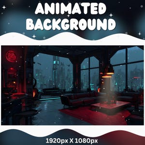 May include: An animated background image with a futuristic cityscape viewed from a modern interior. The scene is dominated by a large window overlooking a city with tall buildings. The interior features red and orange lighting.