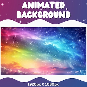 Könnte beinhalten: Animierter Hintergrund mit einem farbenfrohen Nebel und Sternen. Der Hintergrund ist ein Farbverlauf von Blau, Lila, Rosa, Gelb und Orange. Die Auflösung beträgt 1920px x 1080px.