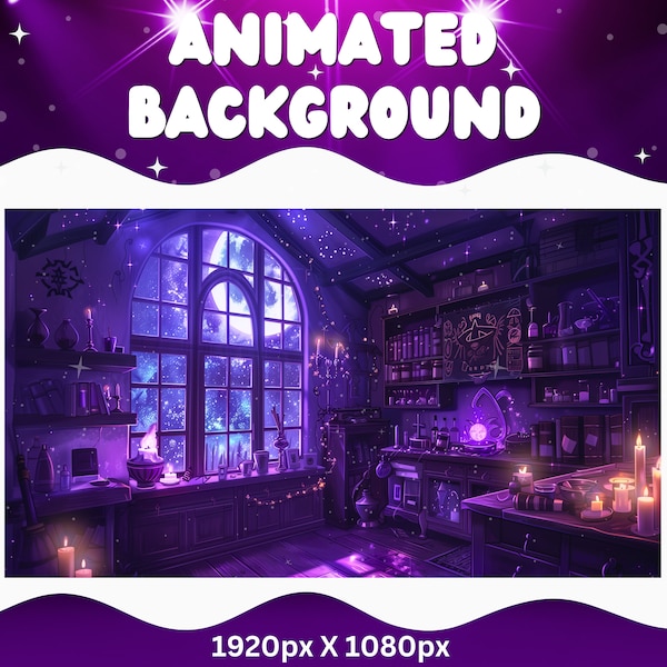 Quarto de bruxa roxo, fundo animado para Vtuber (MP4 e PNG)