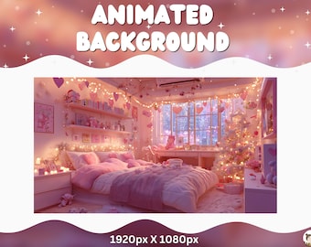 Vtuber Animated Background Pink Lofi Christmas Twitch Cozy Stream Overlay Vtuber Bedroom Holiday Background for Streaming Vtuber Lofi Room