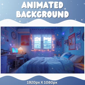 Puede incluir: Un dormitorio azul con una cama, un escritorio y una ventana. La habitación está decorada con luces de hadas y estrellas. La cama tiene una manta y almohadas azules. El escritorio tiene una computadora y una lámpara. La ventana tiene una vista de una ciudad.