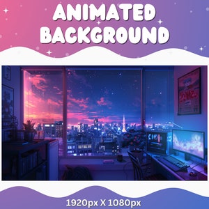 以下が含まれることがあります： ピンクと紫の空に夜空の街並みが映し出されたアニメーションの背景。部屋の大きな窓から街並みが望め、コンピューターデスクとゲームセットアップが置かれている。部屋はネオンライトで照らされている