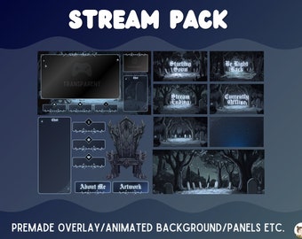 May include: A stream pack with a dark, gothic theme. The pack includes a variety of overlays, animated backgrounds, and panels. The overlays include a chat box, a transparent screen, and a throne. The animated backgrounds include a graveyard scene with trees and a starry sky. The panels include "About Me" and "Artwork".