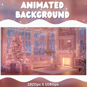 May include: A digital illustration of a cozy, festive living room with a Christmas tree, presents, and a fireplace. The room is decorated in shades of pink and white, with the text "ANIMATED BACKGROUND" at the top and "1920px X 1080px" at the bottom.