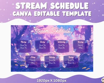 Puede incluir: Una plantilla digital de programación de streams con un fondo de bosque morado y rosa. La plantilla incluye secciones para cada día de la semana, con espacio para títulos y horarios de streams. El texto "STREAM SCHEDULE CANVA EDITABLE TEMPLATE" está en la parte superior.