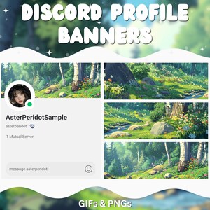 May include: A Discord profile banner featuring a green, lush forest scene with a stream running through it. The banner is divided into three sections, each showing a different view of the forest. The top section shows a wide view of the forest, the middle section shows a closer view of the stream, and the bottom section shows a view of the forest from a different angle. The banner is designed to be used as a background image for a Discord profile.