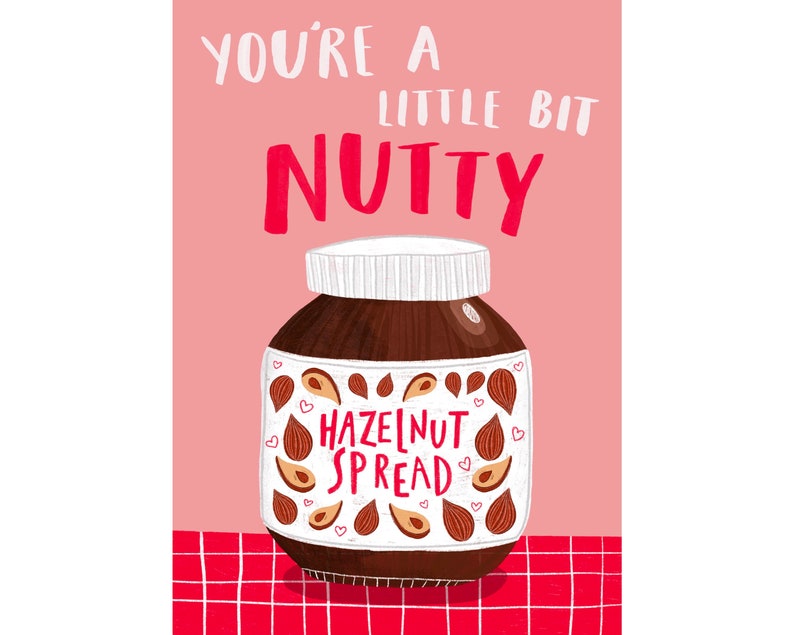 Nutty Illustrated Print Illustration Chocolate Gift Idea Quirky Home Art Present Pink Nutella Romance Valentines Home Decor