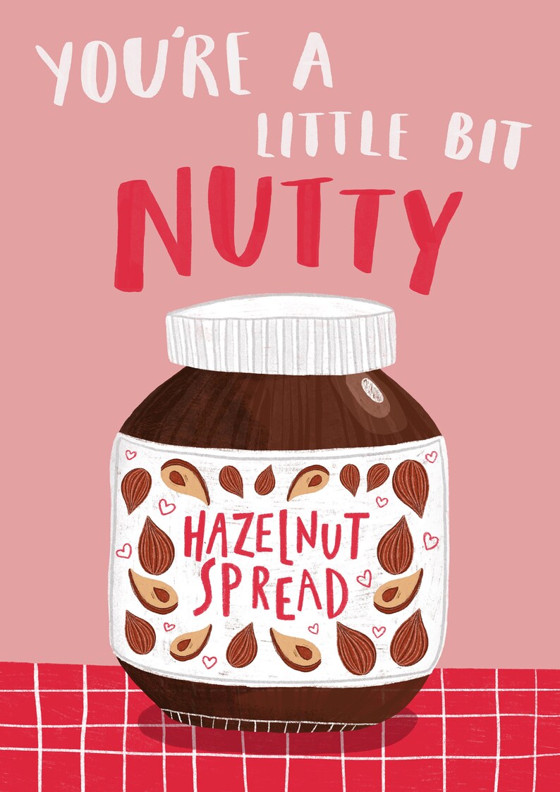 Nutty Illustrated Print Illustration Chocolate Gift Idea Quirky Home Art Present Pink Nutella Romance Valentines Home Decor