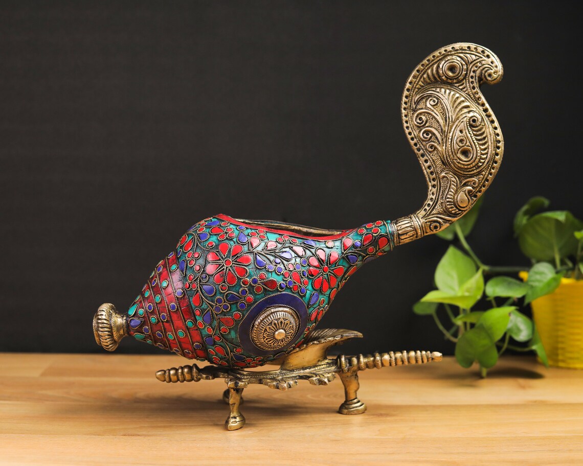 Brass Conch With Natural Gemstones Studded Religious Artefacts Etsy