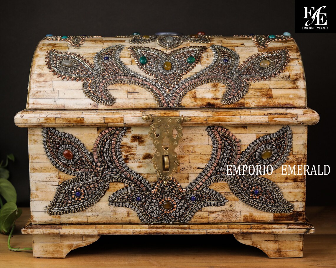 Gran caja de joyería vintage cofre de almacenamiento de hueso | Etsy