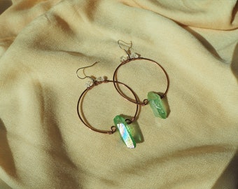 Green Quartz + Clear Quartz hoop earrings • handmade copper wire earrings - aura quartz crystal point earrings - upcycled earrings