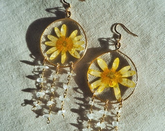 Lesser Celandine + Clear Quartz earrings • pressed flower earrings - brass earrings - resin earrings - wire wrap earrings - upcycled jewelry