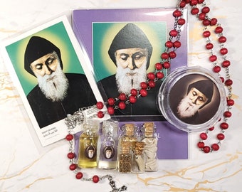 Set of oil, water, incense, soil, relic, rosary and novena booklet of Saint Charbel