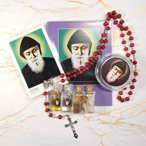 Set of oil, water, incense, soil, relic, rosary and novena booklet of Saint Charbel image 9