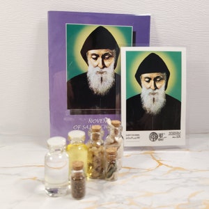 Set of oil, water, incense, soil, relic, rosary and novena booklet of Saint Charbel image 4